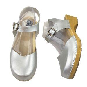 *Swed2Walk Stockholm Wooden Clog Womens EU 40 Silver Leather Casual Comfort Shoe